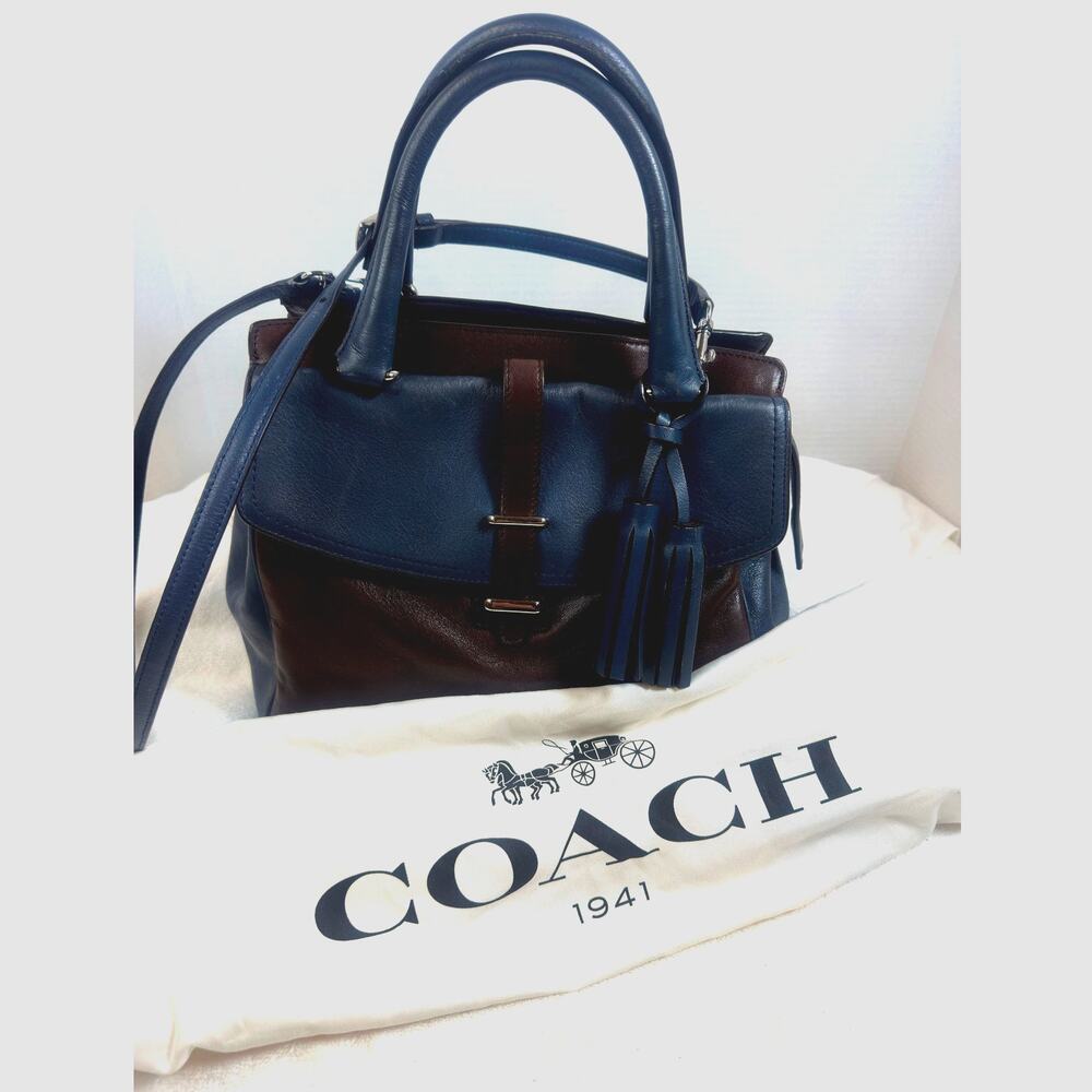Coach Navy Blue & Brown Leather Two-Way Satchel | Silver Hardware | Dust Bag - Picture 14 of 15